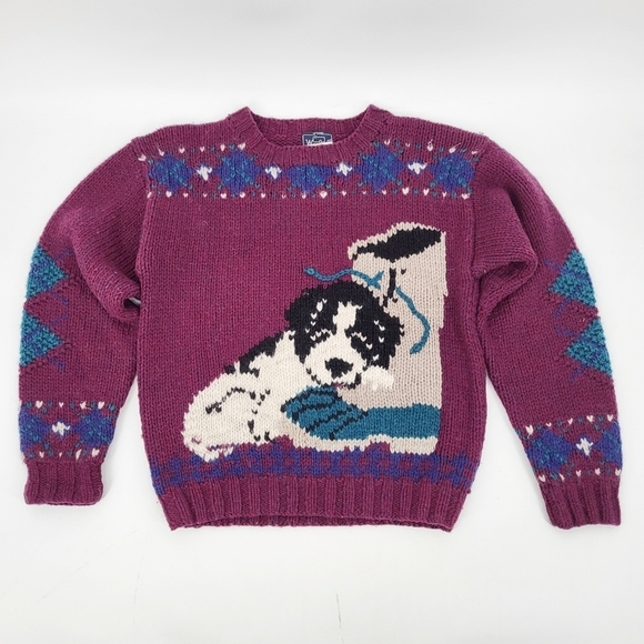 Woolrich Sweaters - Vintage 1980s Woolrich 100% Wool Knit Puppy Dog Sweater Novelty Purple Small